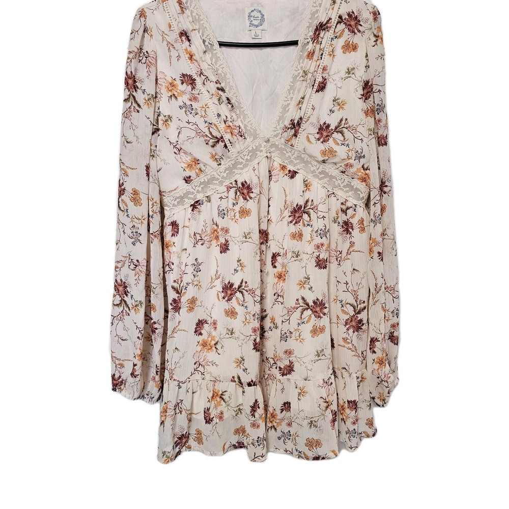 Blue Rain Tunic Blouse Large Floral Lined Babydoll Fairycore‎ Ruffle Boho EUC